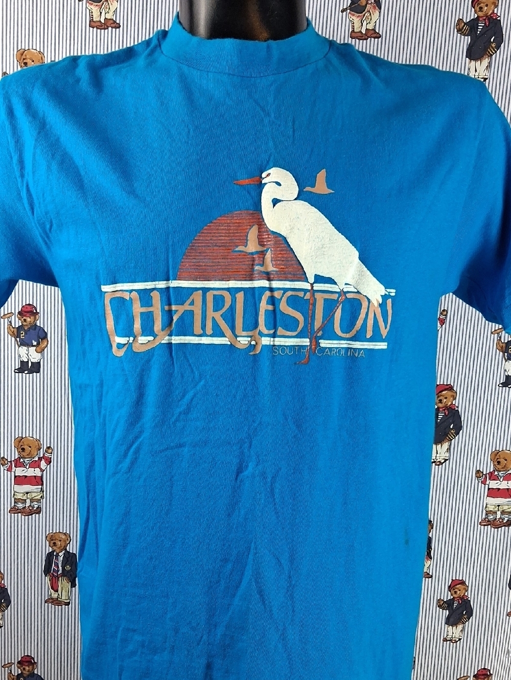 Vintage Charleston South Carolina Puff Print Bird Graphic LG blue Travel T-shirt